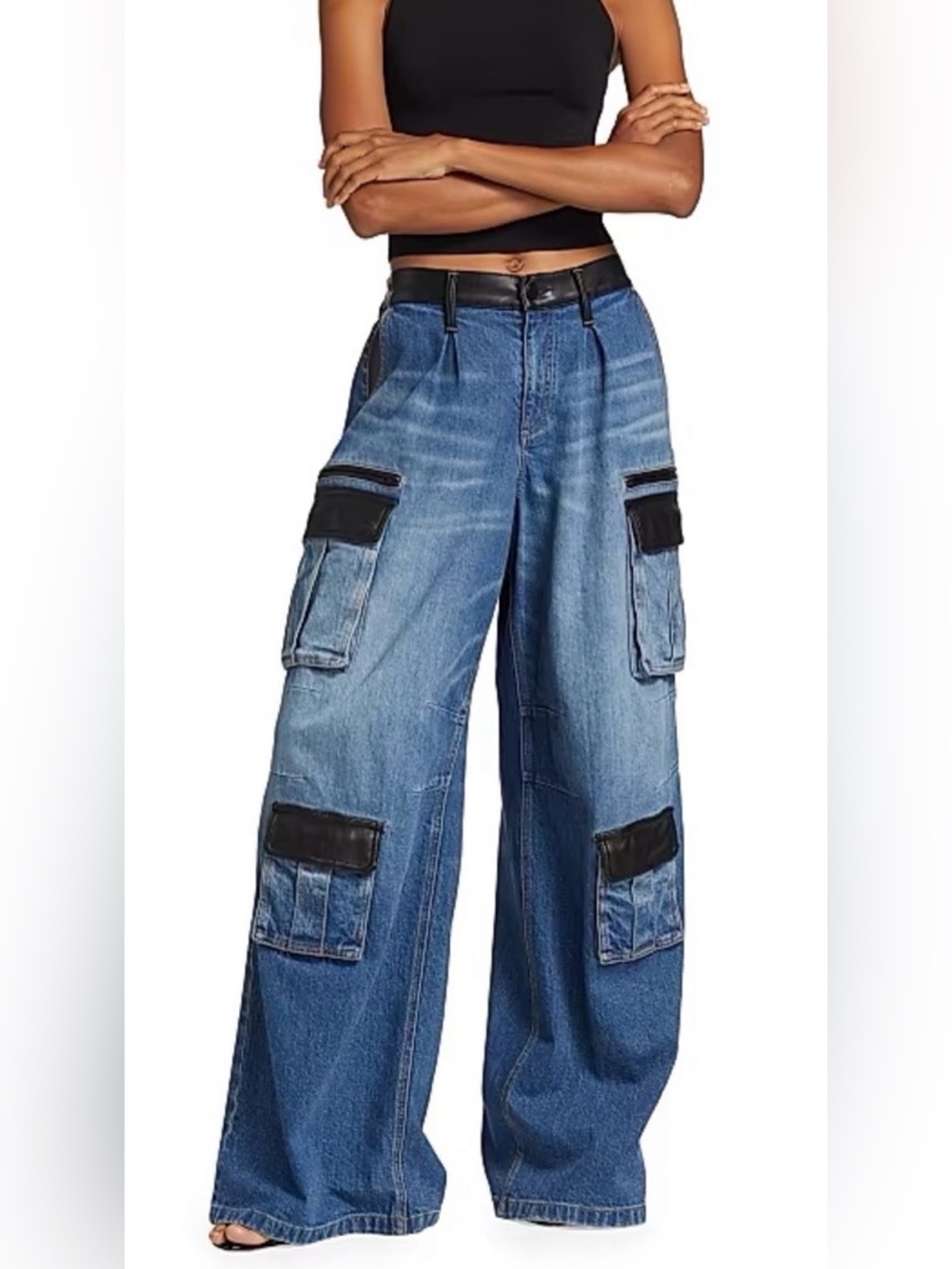 Alice + Olivia Josette Wide Leg Cargo Jeans Vegan Leather Please Read!!!
